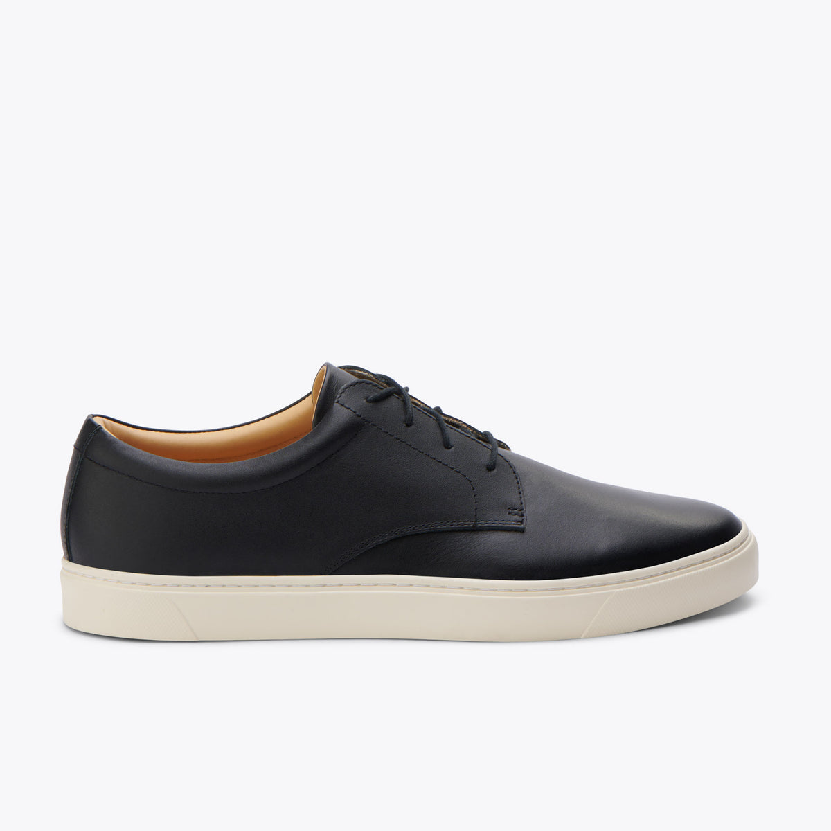 Single black leather Diego Everyday Sneaker with round toe and white rubber sole shown from a side profile.