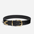 Black leather Bonnie Belt with a gold-tone metal buckle, loop, and pointed tip hardware.