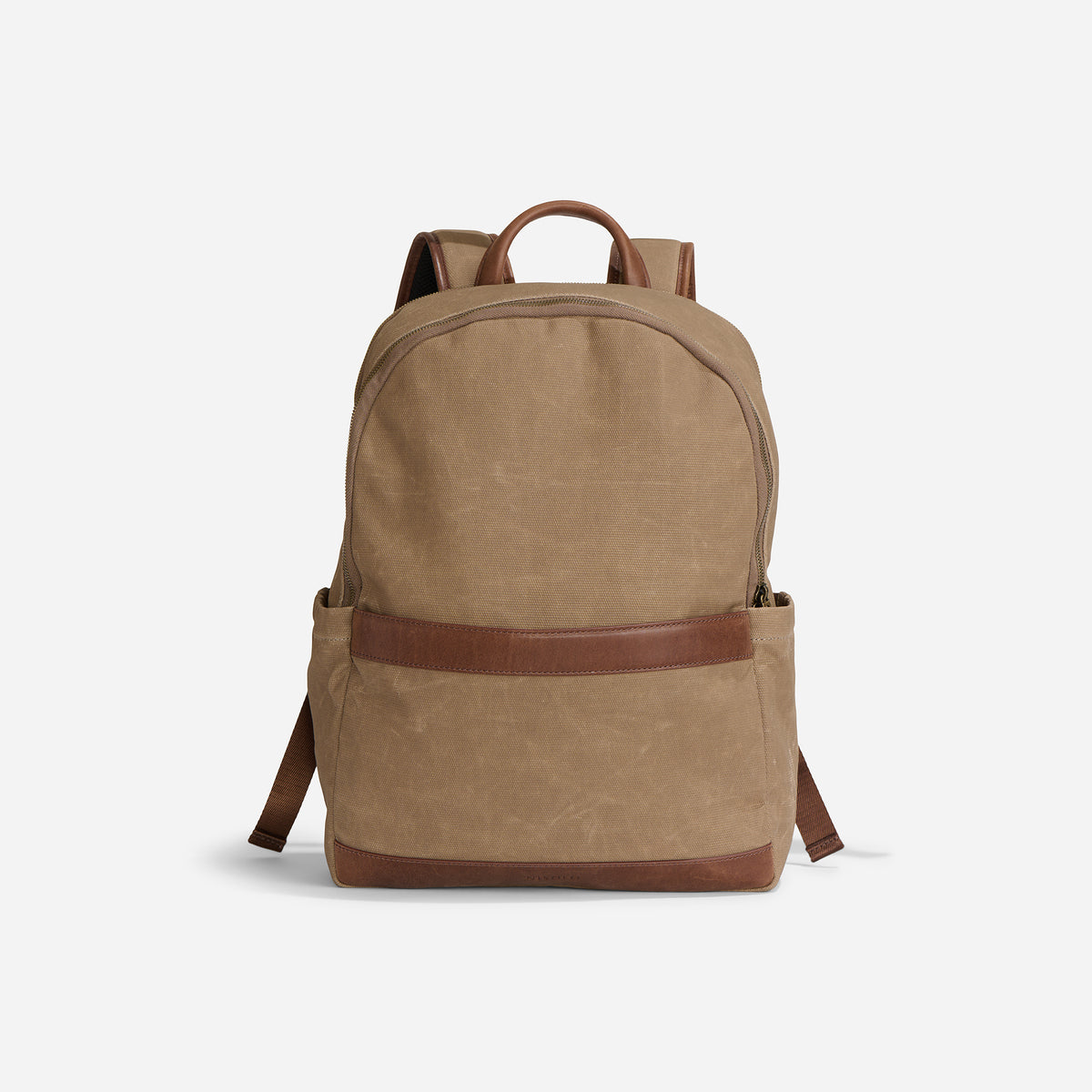 Tan fabric backpack with brown leather trim, a top handle, and side pockets on a white background.
