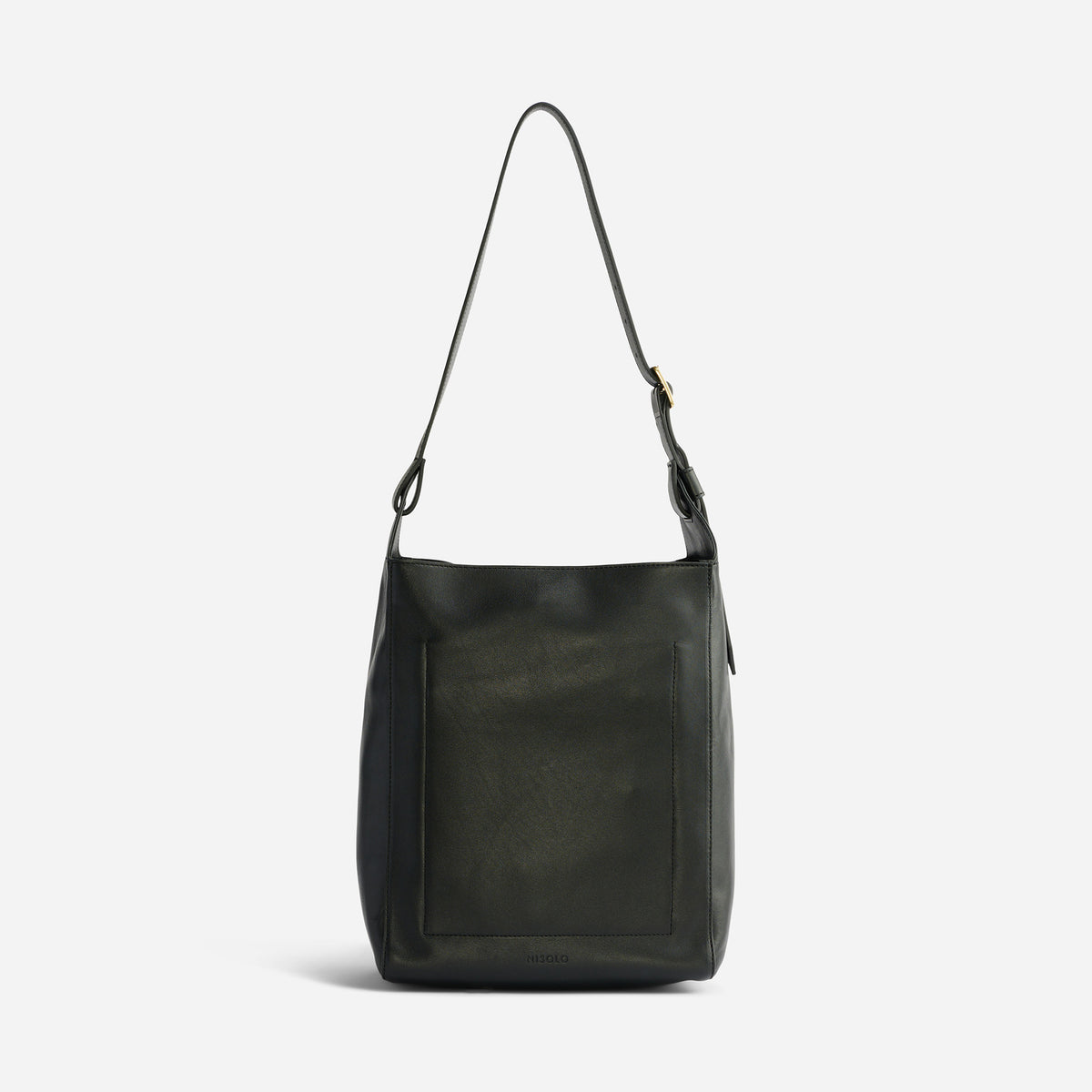 Black leather shoulder bag with a long strap and NISOLO embossed at the base.