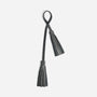 Black leather bag charm featuring two fringed tassels hanging from a looped strap on a white background.