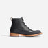 Single black leather lace-up boot with a brown sole shown from a side profile on a white background.