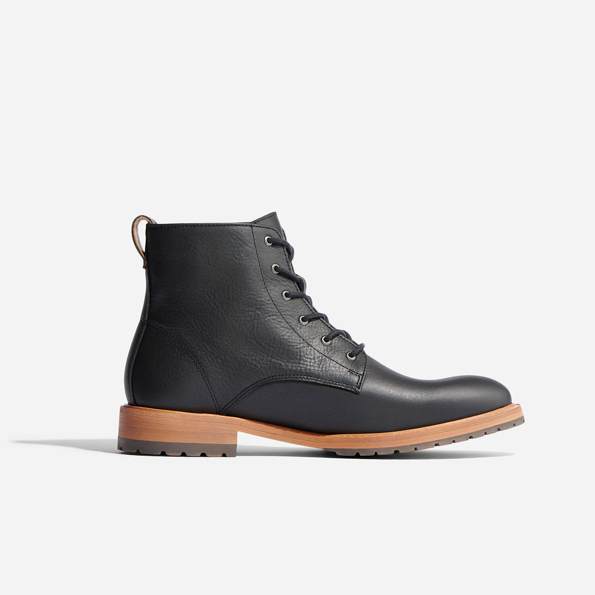 Single black leather lace-up boot with a brown sole shown from a side profile on a white background.