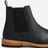 Single black leather Chelsea boot with a black elastic side panel, pull tab, and a light brown wood-look sole.