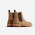 Pair of tobacco brown leather Chelsea boots with dark elastic side panels and pull tabs on a white background.