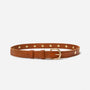 Tan leather belt with gold metal studs and a rounded gold buckle, coiled on a white background.