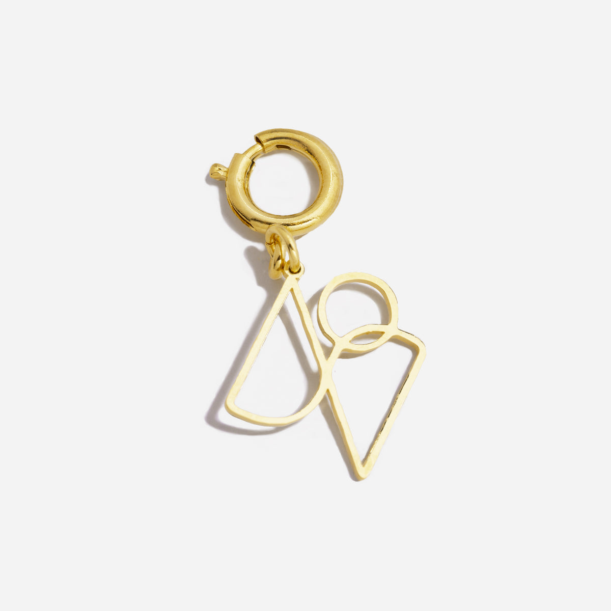 Gold metal shoe charm featuring a round clasp and two geometric logo pendants on a white background.