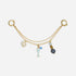 Gold metal double chain shoe charm with a white pearl, blue fish, and round beads hanging from two circular clasps.