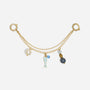 Gold metal double chain shoe charm with a white pearl, blue fish, and round beads hanging from two circular clasps.
