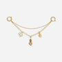 Double-strand gold metal shoe charm chain with a white pearl, seashell, and stone beads hanging from the lower link.