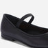 Close-up of a black leather Bea Go-To Mary Jane flat featuring a single elastic strap and low heel.
