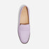 Single lilac suede loafer with whipstitch detailing and NISOLO printed on the tan inner sole.