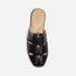 Single black leather fisherman mule with a woven caged upper and tan footbed featuring the NISOLO logo.