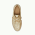 A single metallic gold boat shoe with a textured, woven-like upper and matching laces, shown from a top-down view on a light off-white background. The brand name 'MISOLO' is visible on the inner sole.