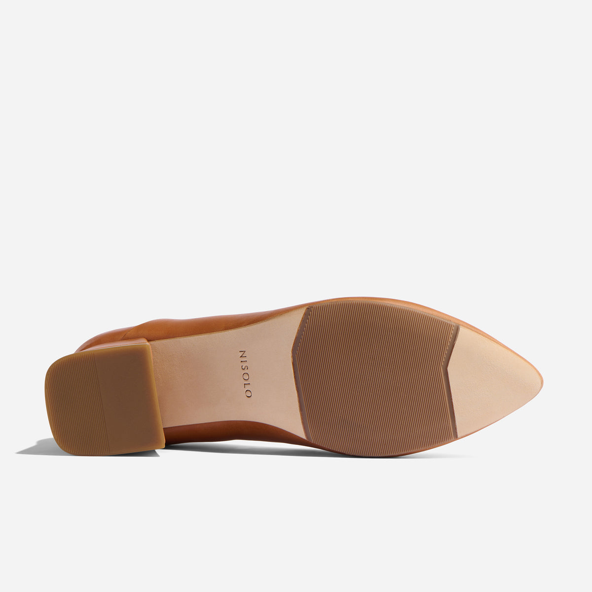 Sole of a caramel leather pointed-toe heel with a block heel and NISOLO printed on the tan arch.
